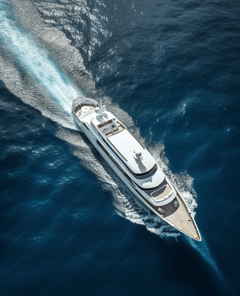 Luxury yacht cruising through blue ocean water