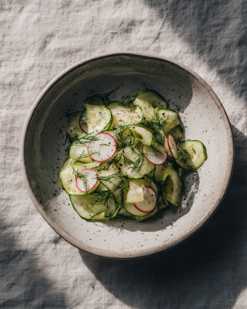 Cucumber and radish salad in a speckled bowl