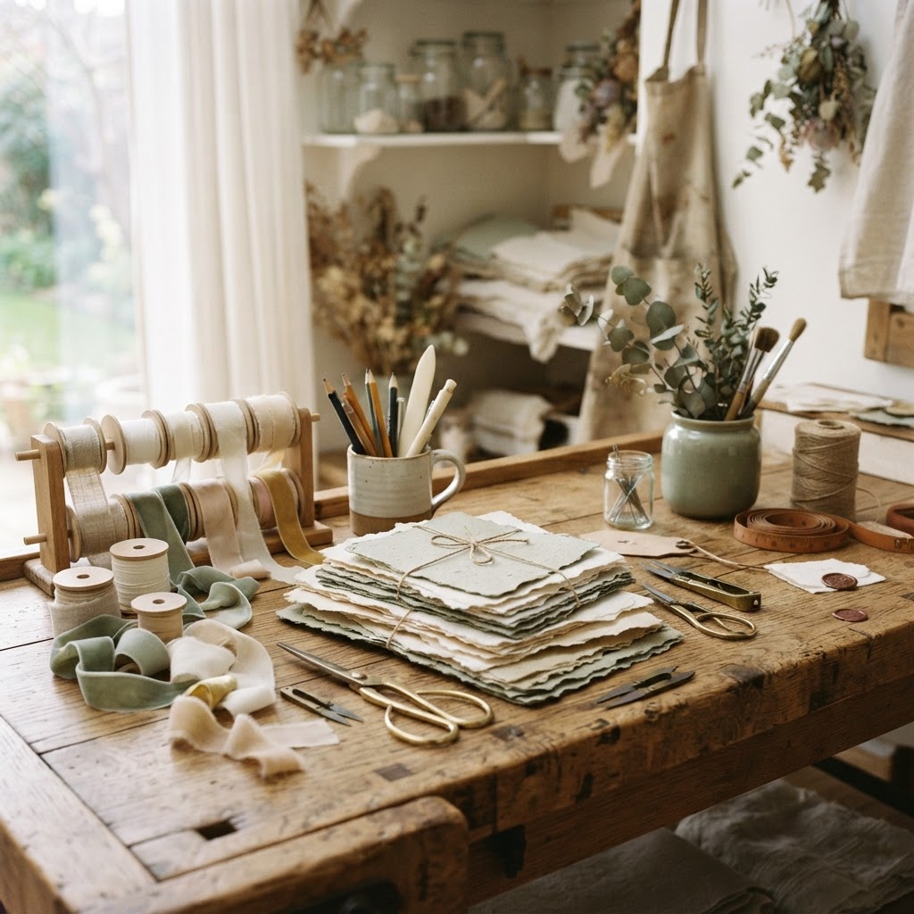 Établi de l'atelier avec bobines de ruban, ciseaux et piles de papier texturé