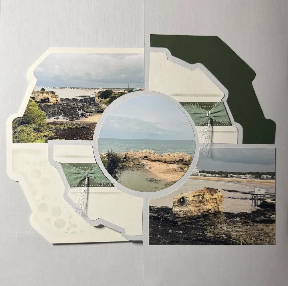 Page d'album scrapbooking bord de mer avec photos de côte rocheuse et rubans vert sauge