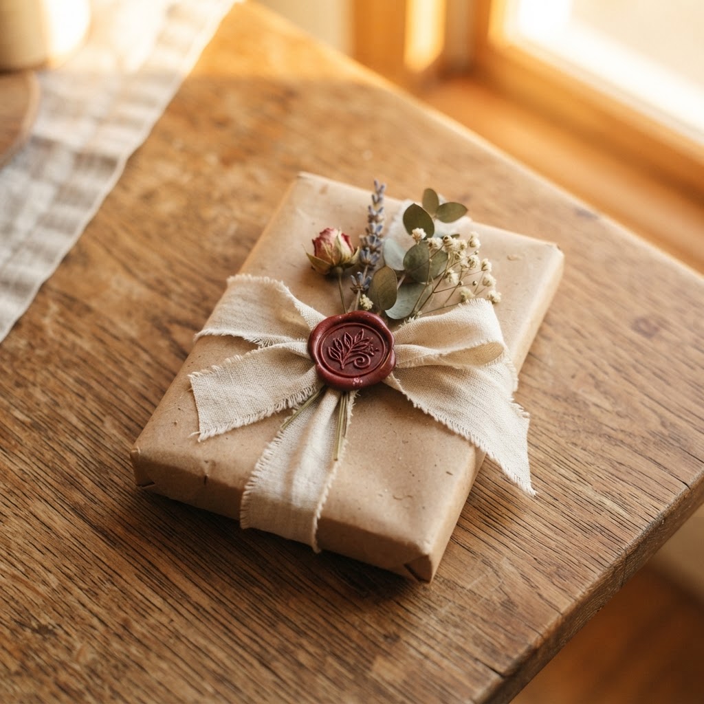 Colis artisanal en papier kraft avec cachet de cire et brin de fleurs séchées