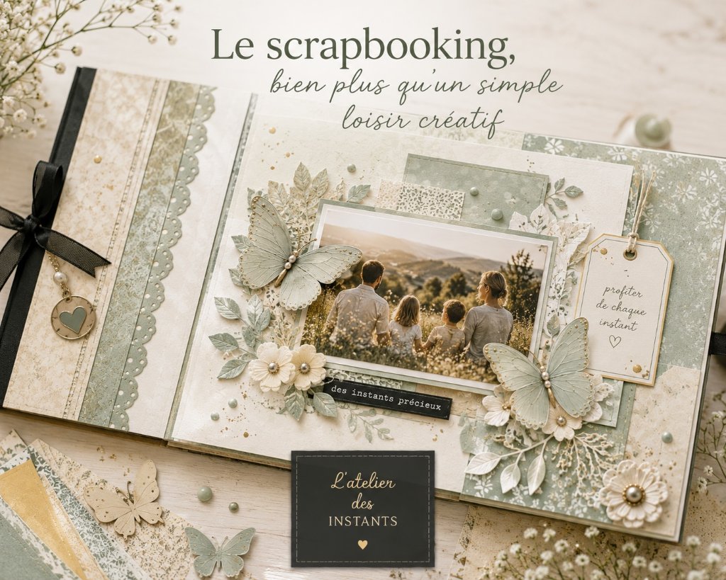Album de scrapbooking ouvert aux tons vert sauge orné de papillons, fleurs en papier et photo de famille