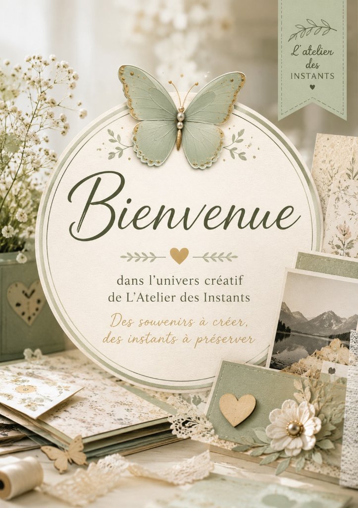 Affiche de bienvenue de L'Atelier des Instants avec papillon vert sauge, fleurs séchées et créations de scrapbooking