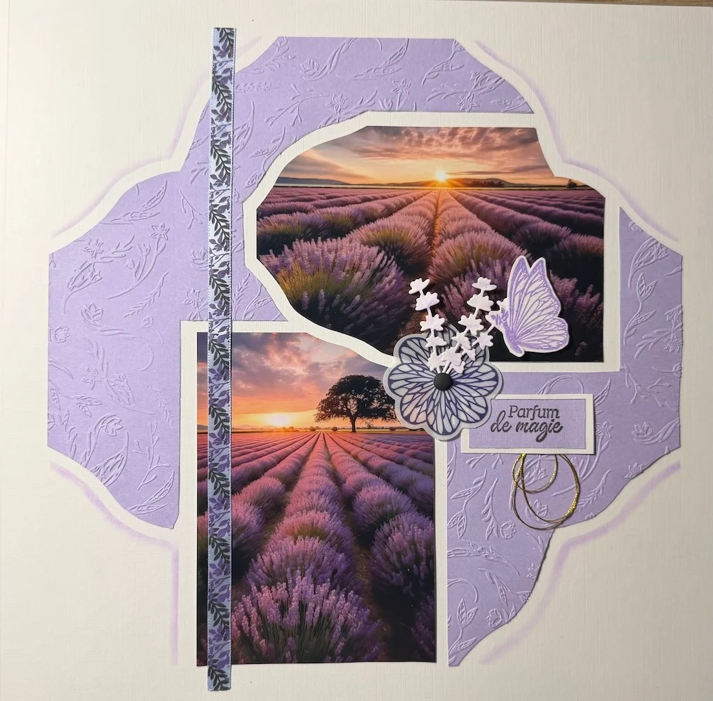 Page d'album Parfum de magie aux tons lilas avec champs de lavande, papillon et fleurs en relief