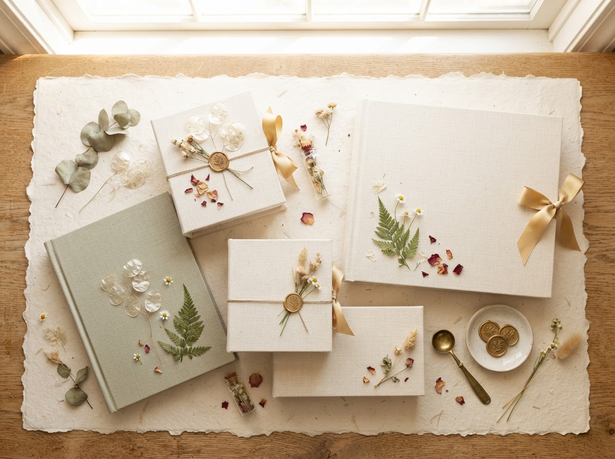Albums et boîtes souvenirs artisanaux en lin présentés sur papier texturé