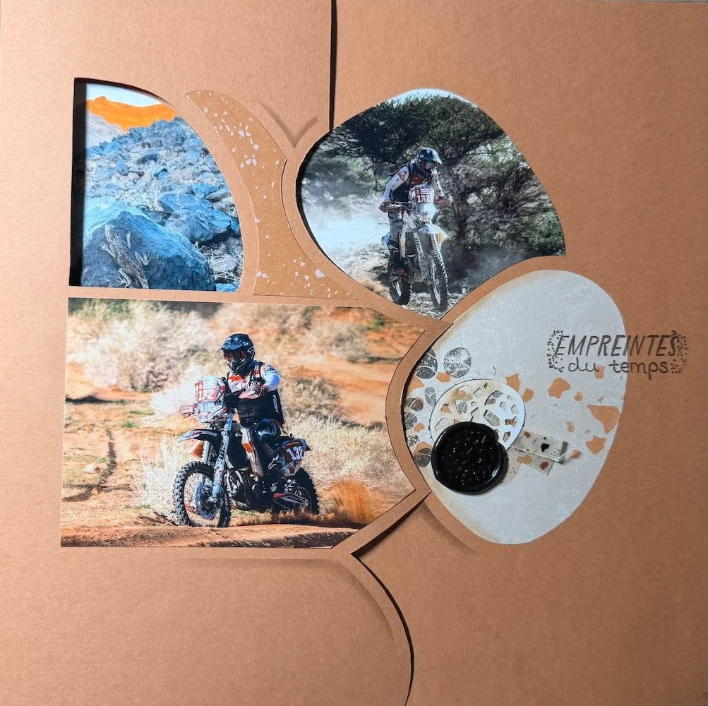 Page d'album scrapbooking Empreintes du temps avec photos de moto enduro dans le désert