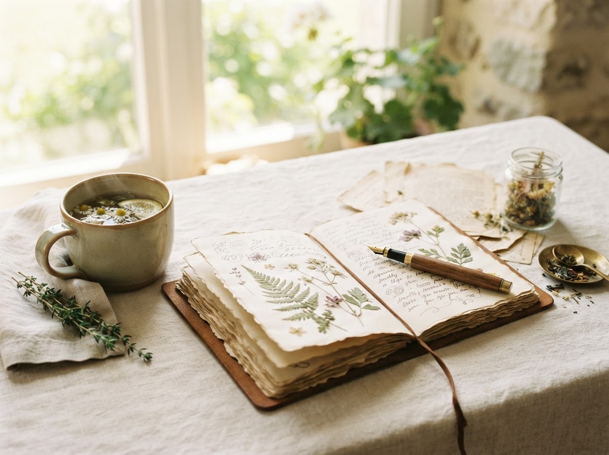 Journal ouvert avec fleurs pressées et tasse de thé dans une lumière douce