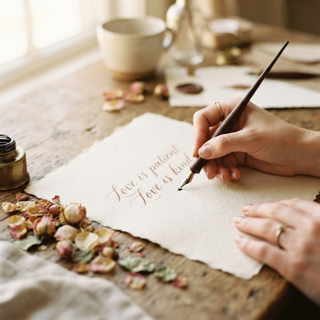 Calligraphie élégante à la plume sur papier crème texturé