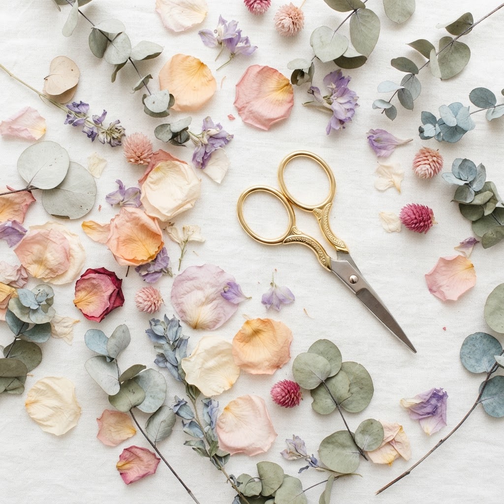 Pétales de fleurs séchées et eucalyptus sur lin blanc avec ciseaux dorés
