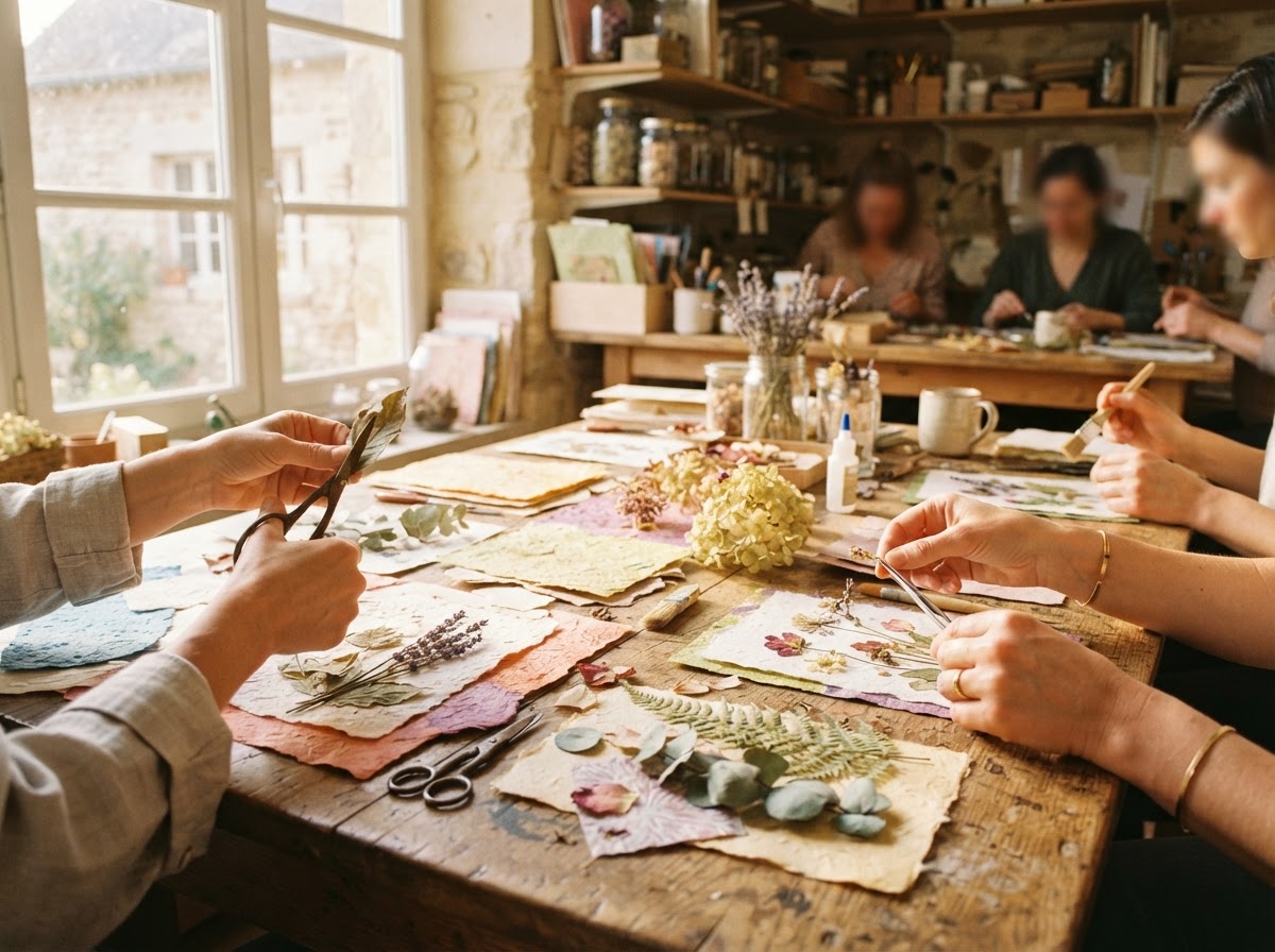 Atelier créatif convivial autour d'une table en bois avec papiers et fleurs séchées