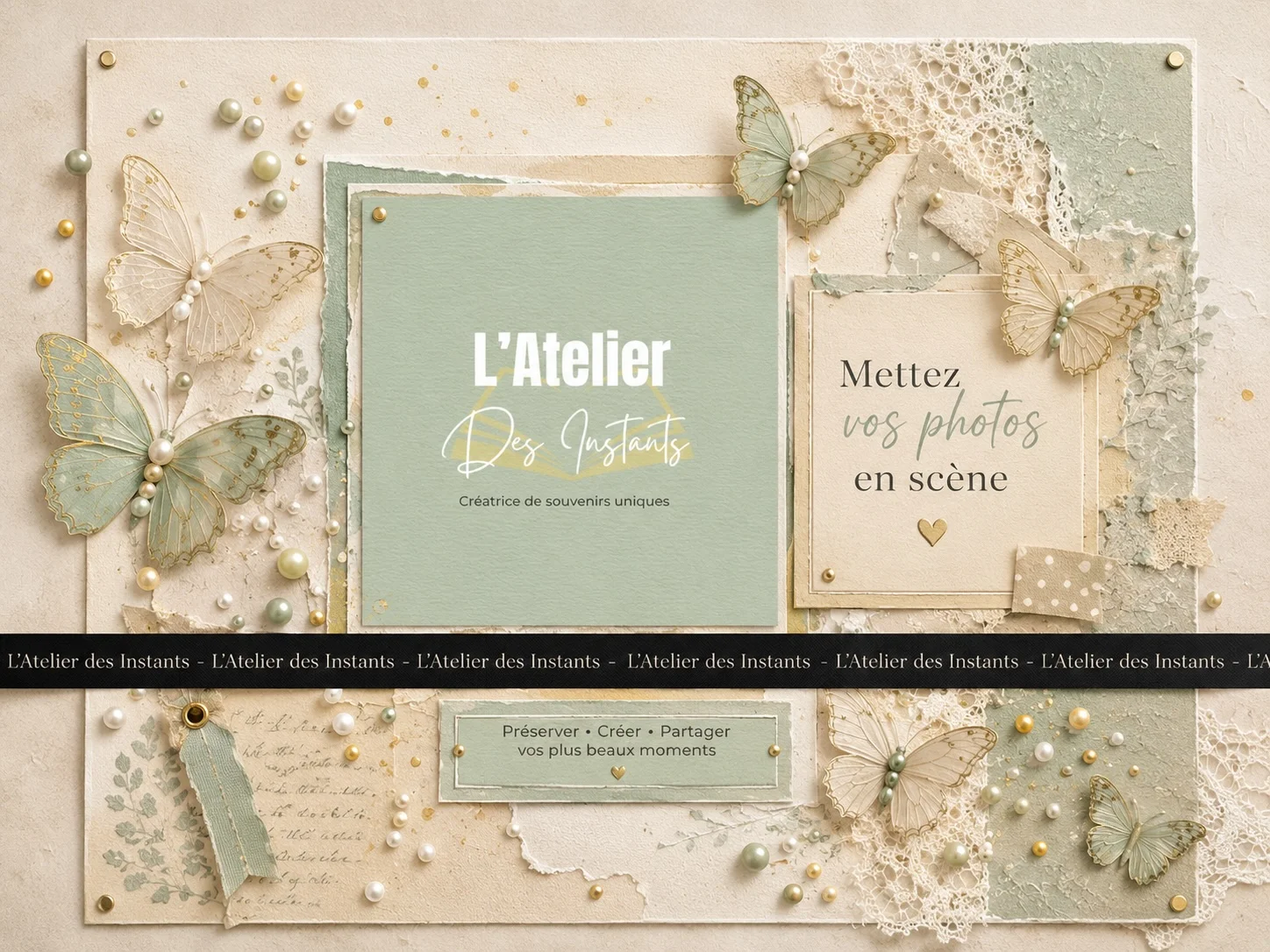 Composition de scrapbooking L'Atelier des Instants : papillons, perles et papiers texturés vert sauge