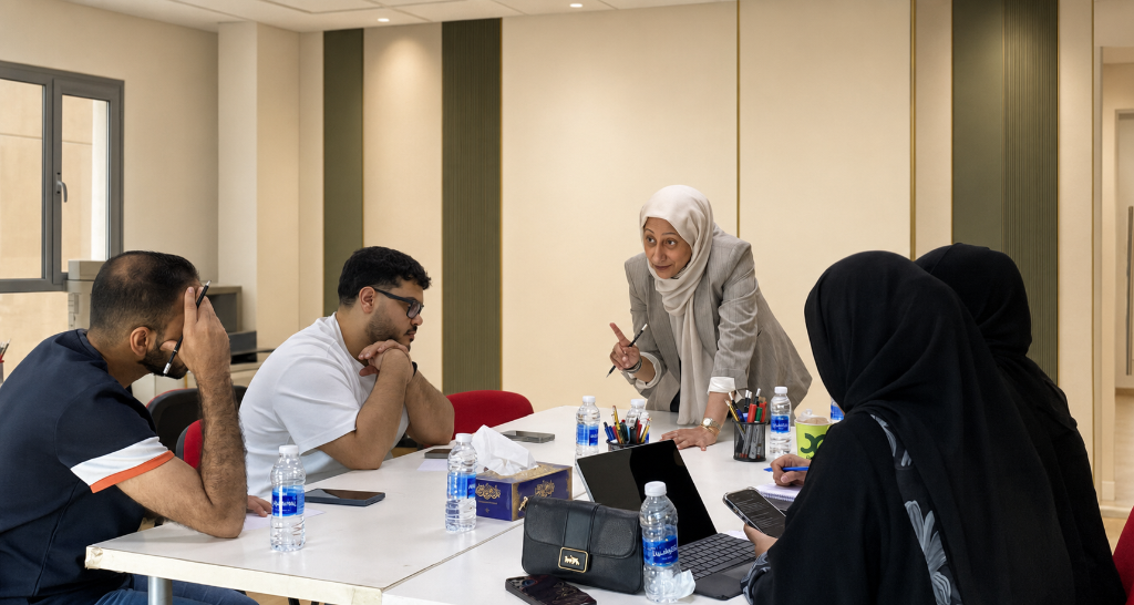 Afnan facilitating a collaborative workshop with participants around a table