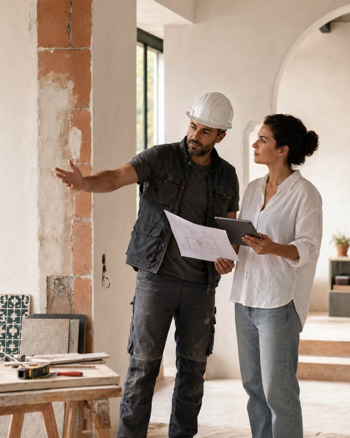 Professionnel du bâtiment accompagnant une cliente dans un projet de rénovation au Maroc