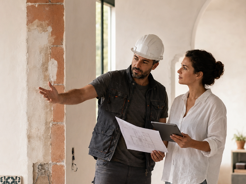 Professionnel du bâtiment accompagnant une cliente dans un projet de rénovation au Maroc