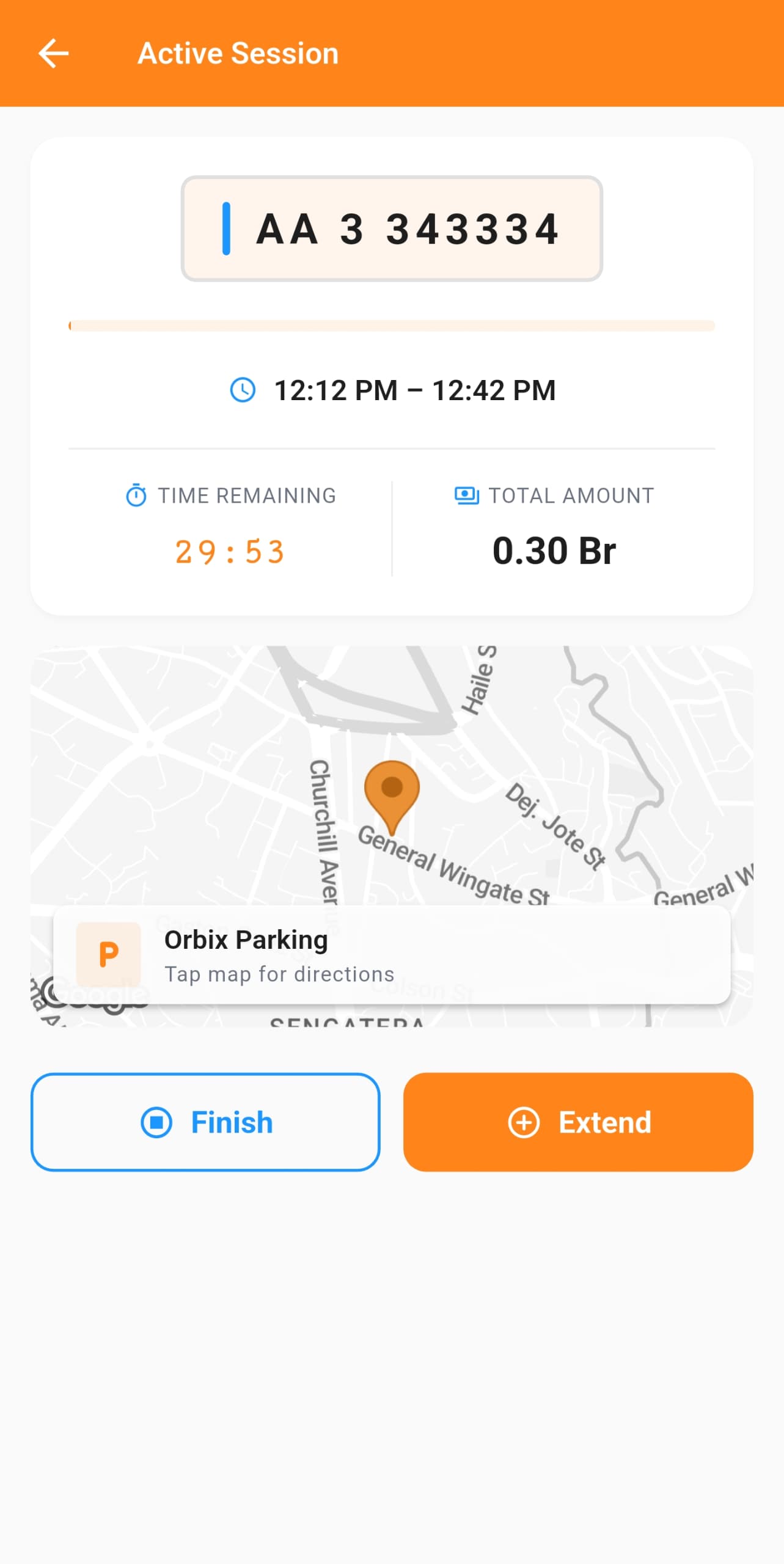 OrbiX active parking session screen