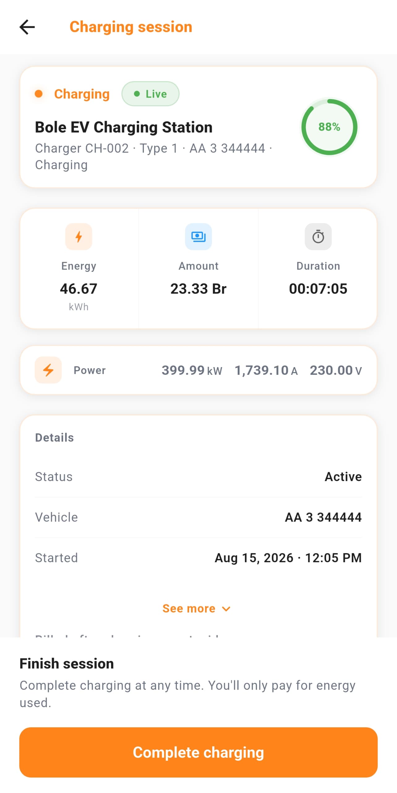 OrbiX EV charging session screen