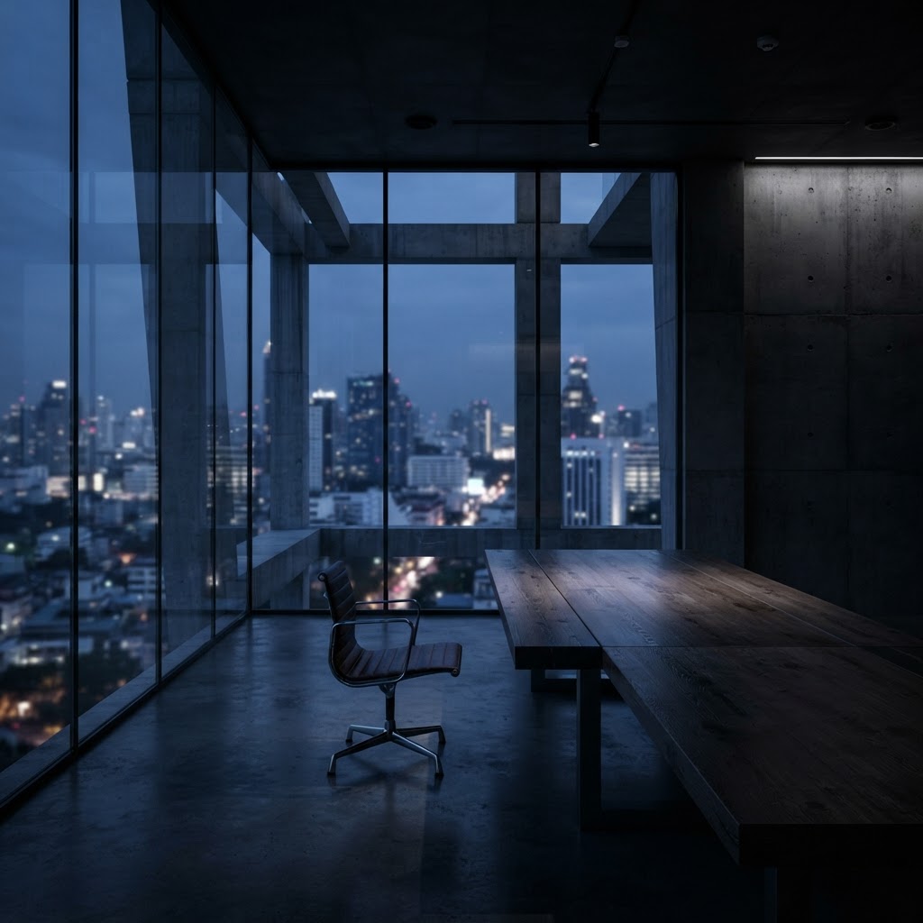 Strategic boardroom at blue hour