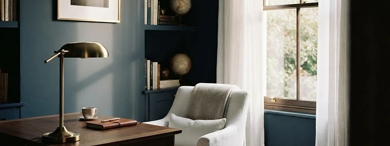 A calm, light-filled study in a traditional home with deep navy walls and warm brass accents