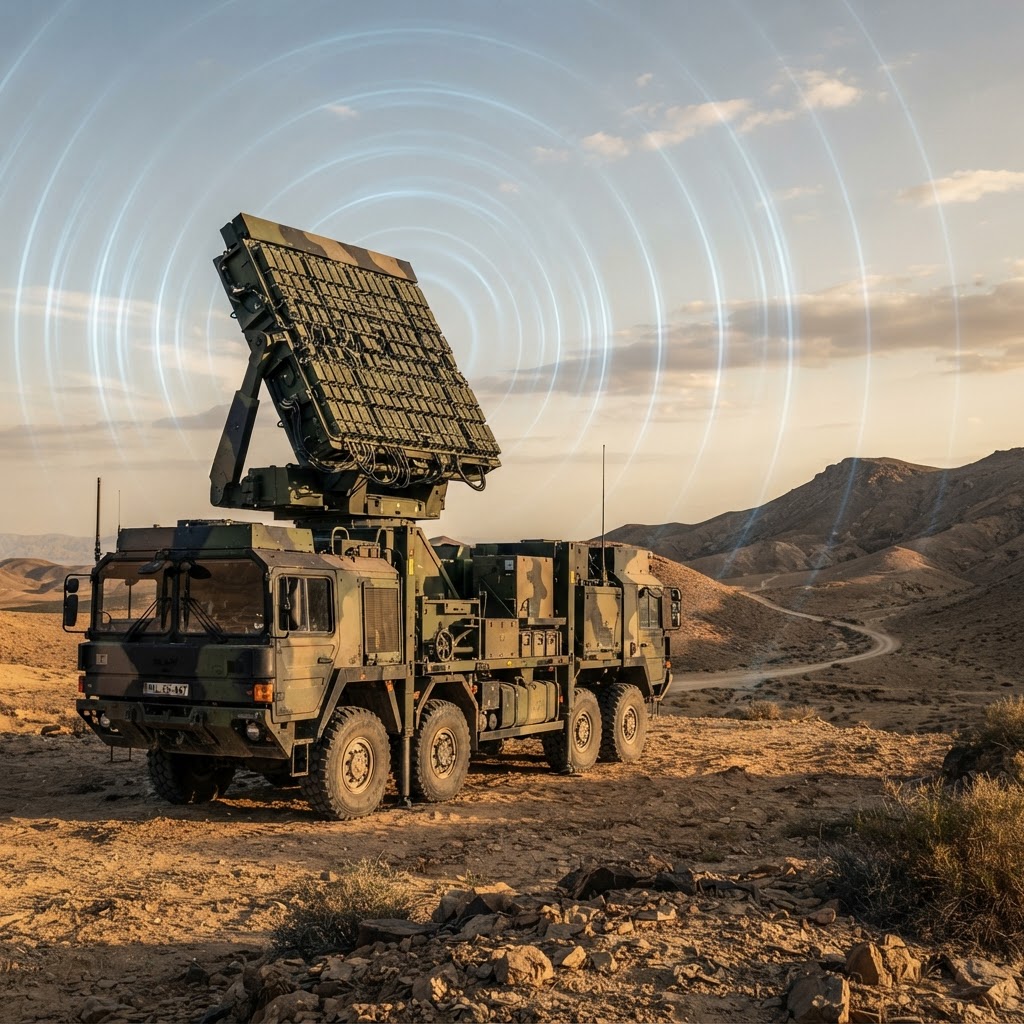 AI-generated illustration of a mobile ground-based electronic warfare system on a rugged all-terrain truck, with an AESA antenna array emitting electromagnetic jamming waves. Illustrative rendering depicting the IAI Scorpius-G concept.