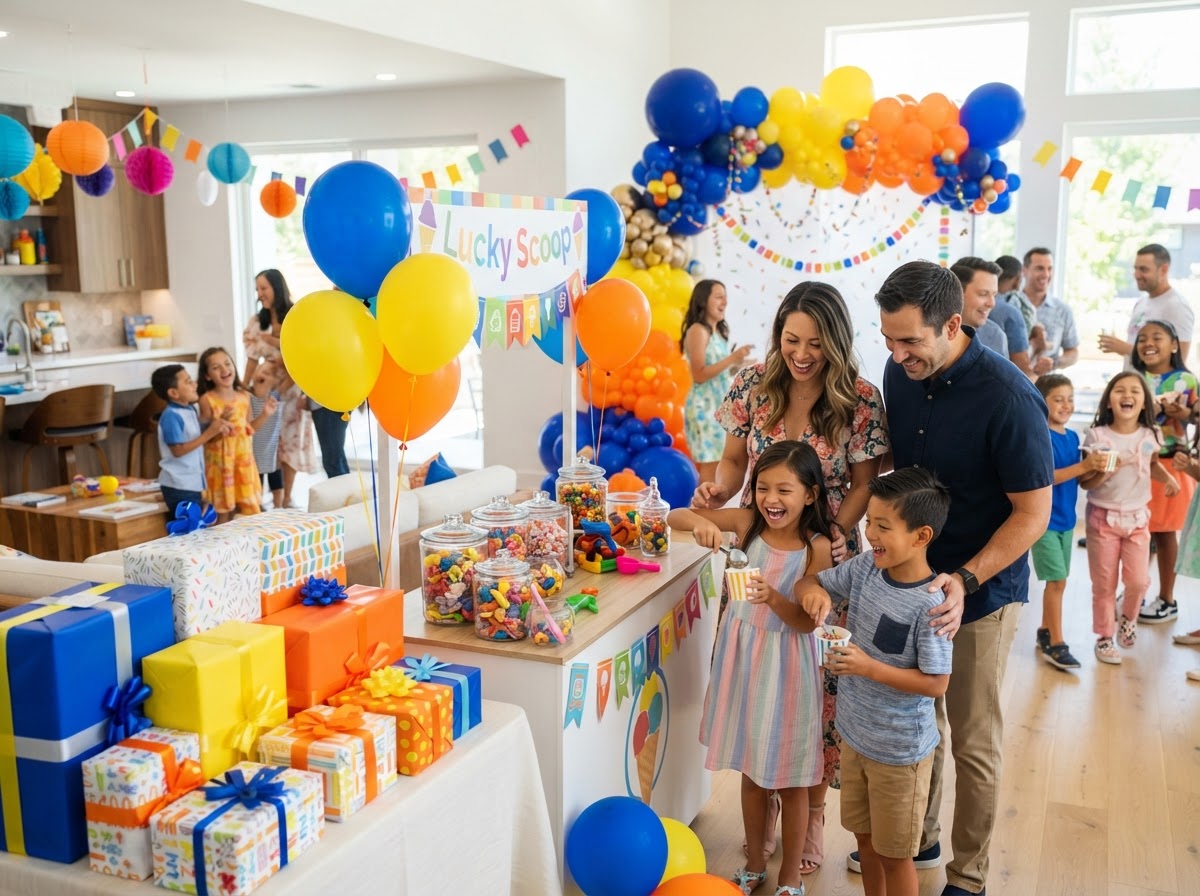 A vibrant birthday party with colorful gift boxes and a Lucky Scoop station