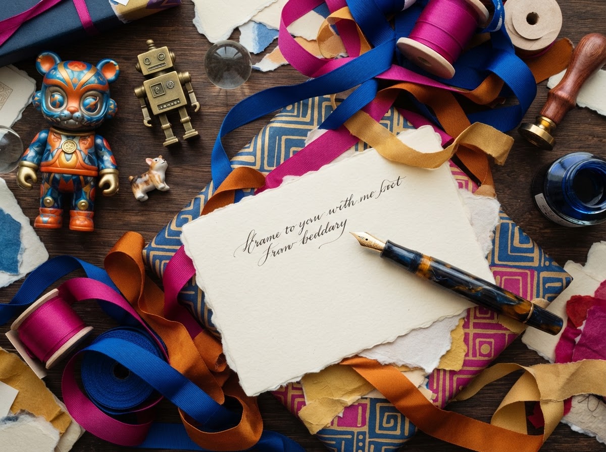 A shopper's desk with collectibles, ribbons, and a personalized note