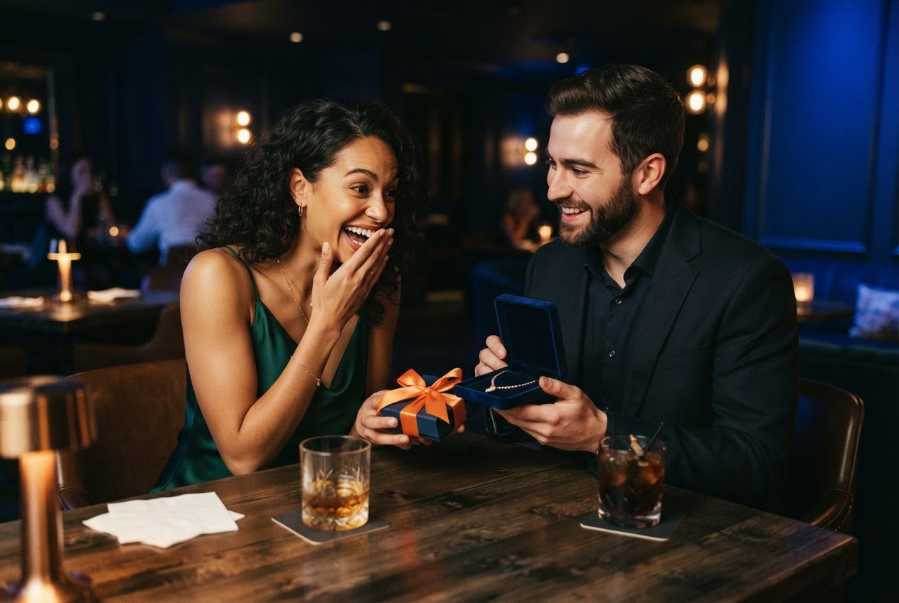 A couple opening an orange-ribboned gift box on Mystery Date Night