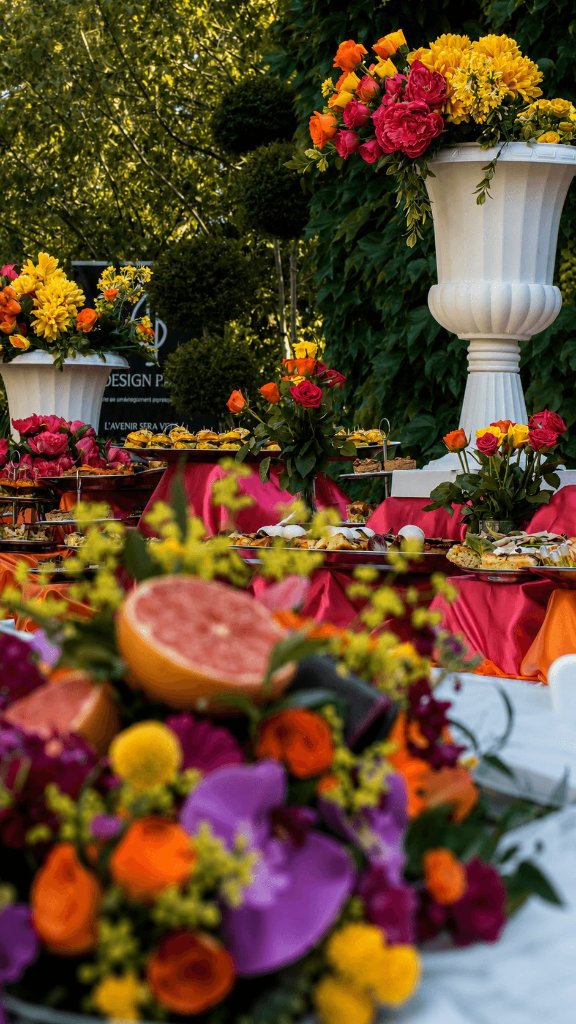 Buffet fleuri et accueil gourmand proposé aux invités de l'expérience VIP