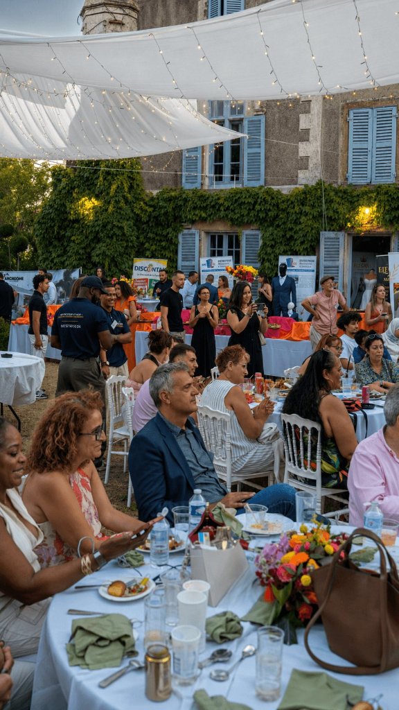 Invités réunis autour d'un repas convivial dans un espace partenaire