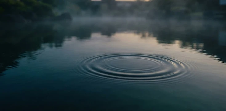 晨霧中的深色水面與向外擴散的漣漪