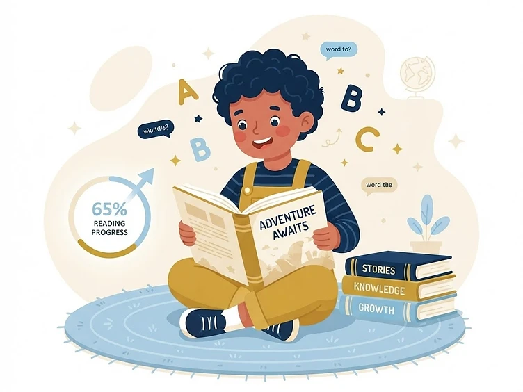 A child reading, surrounded by books, letters and reading progress elements