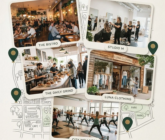 A collage of thriving local businesses — restaurant, coffee shop, salon, boutique and fitness studio