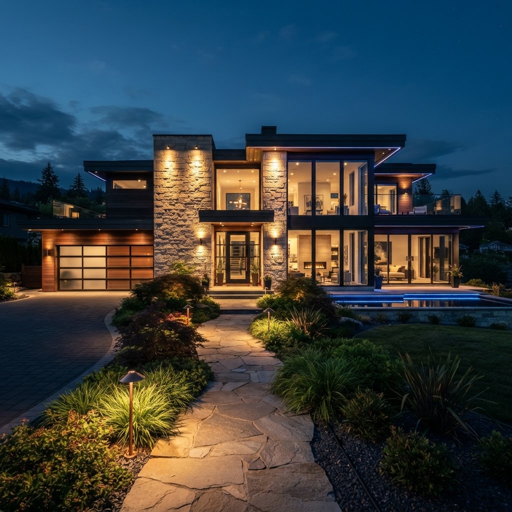 Custom home exterior & landscape lighting by Jspec