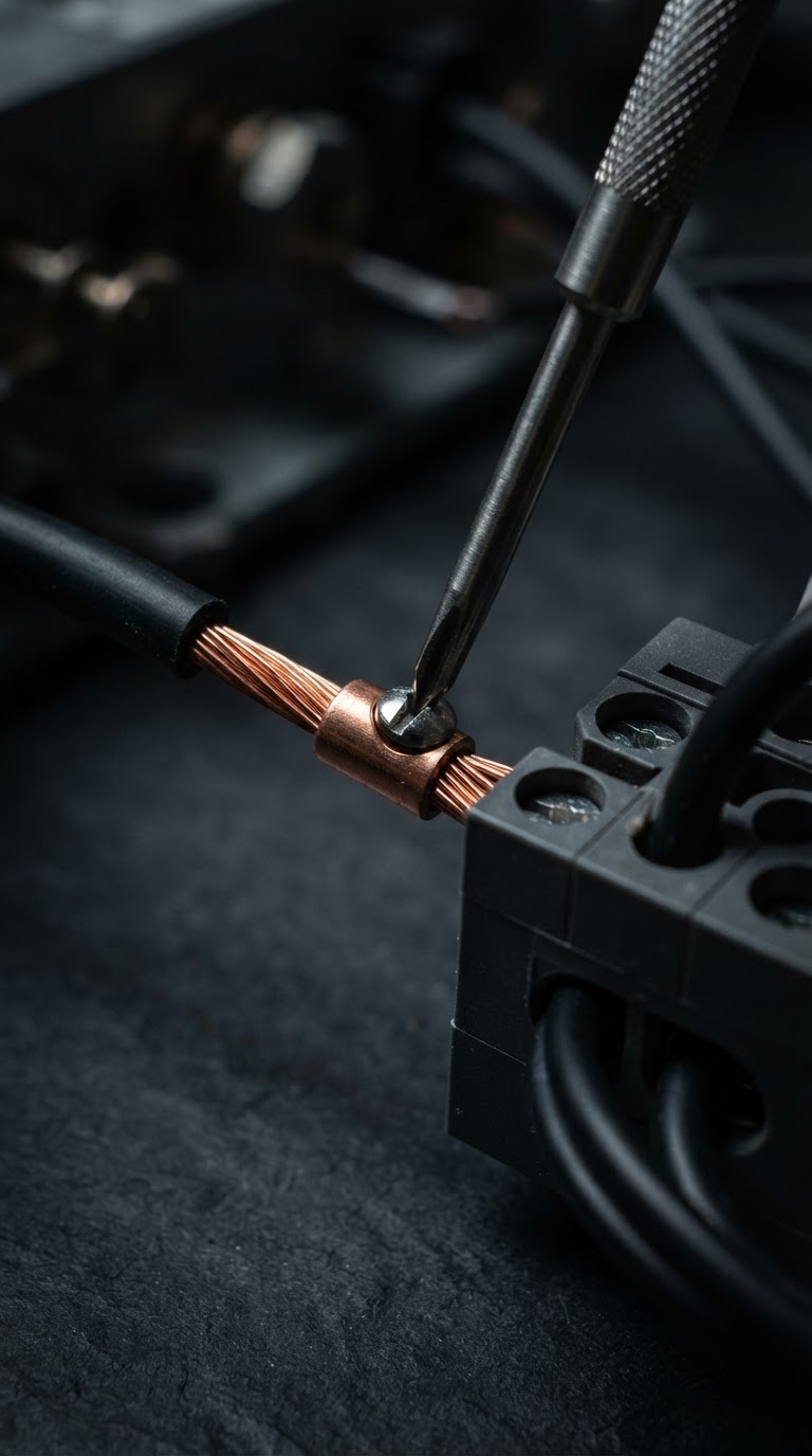 Macro detail of copper wiring termination with precision tools