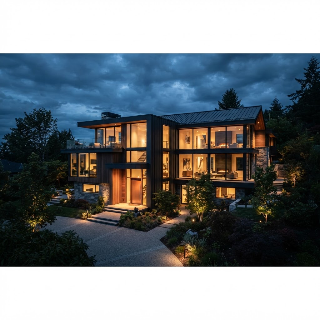 Newly built luxury custom home at dusk with warm interior architectural lighting