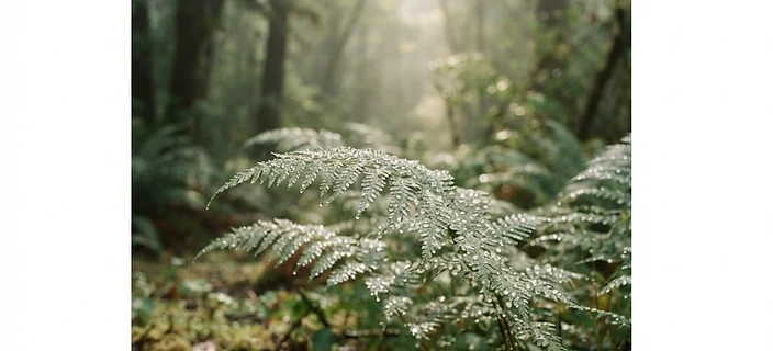 Soft morning light through a misty green forest canopy