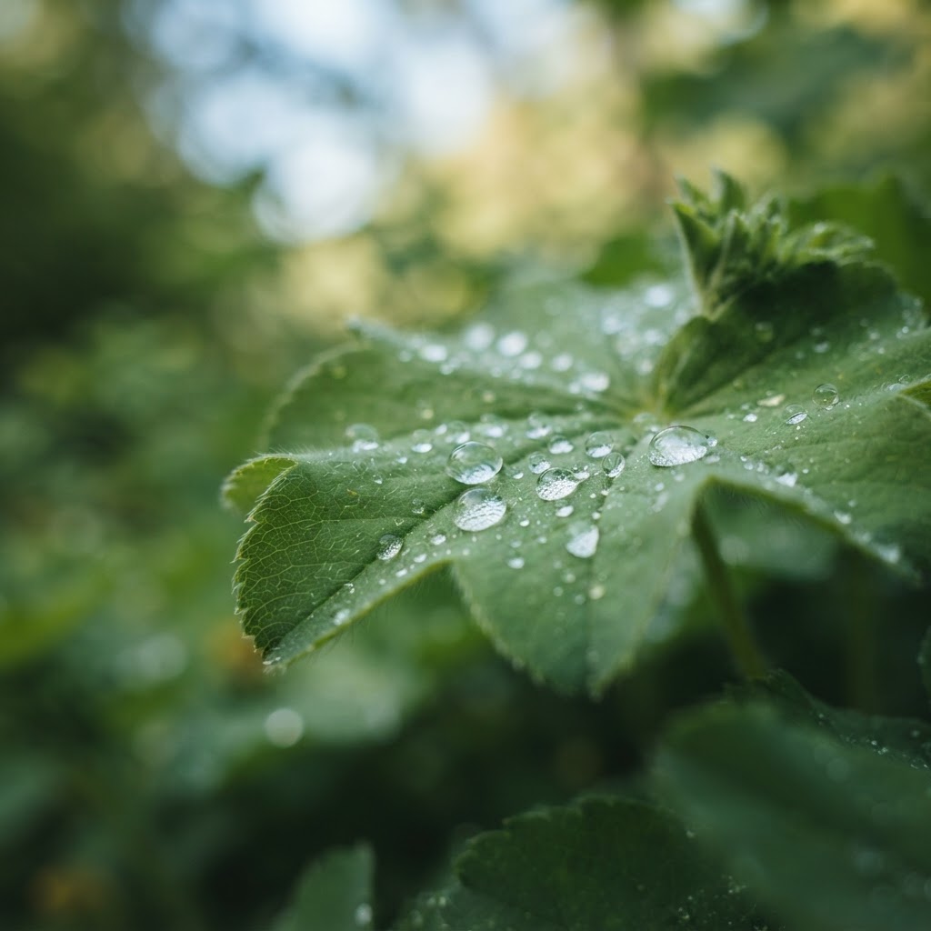 Water droplets resting on a green leaf