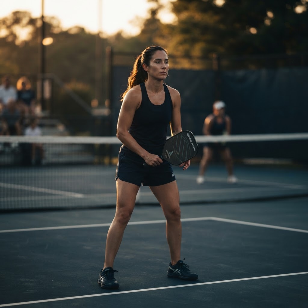 A pickleball player focused between points