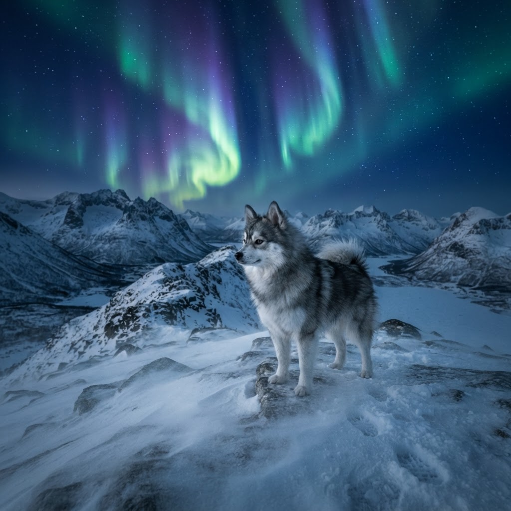 A gray-and-white Pomsky standing in windblown snow beneath the northern lights