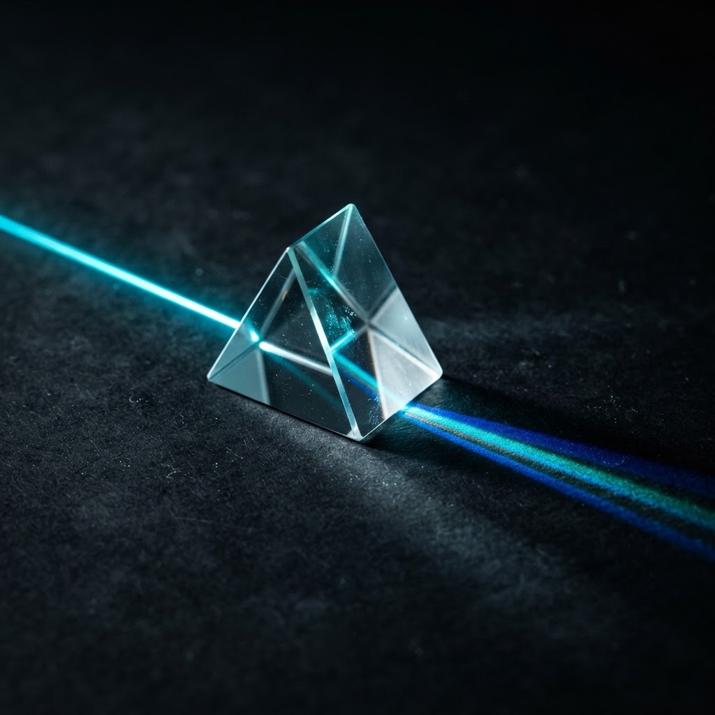Glass prism refracting cyan light into a focused beam