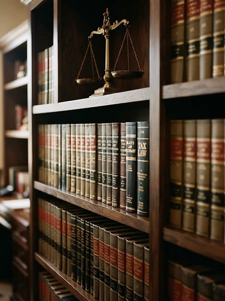 Detail van een boekenkast met gebonden wetsboeken en een messing weegschaal