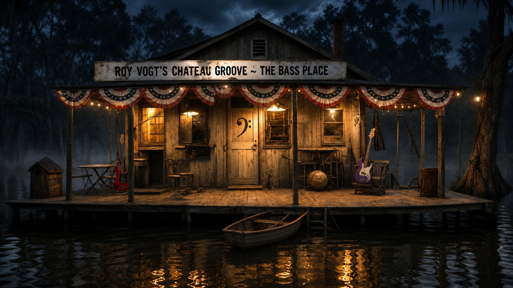 Roy Vogt's Chateau Groove — The Bass Place, twilight studio on the water
