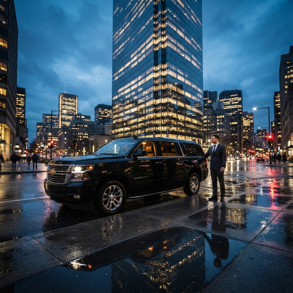 LIAME CORP LIMO black Chevrolet Suburban with professional chauffeur in Montreal at night