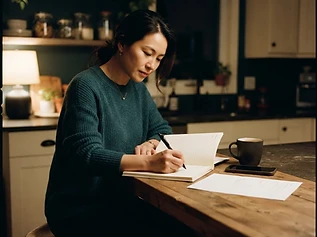 Example scene: an Asian parent capturing details in a guided workbook at night.