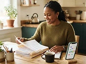 Example scene: a Black mother calmly organizing her child’s medical records and appointment calendar at a kitchen table.