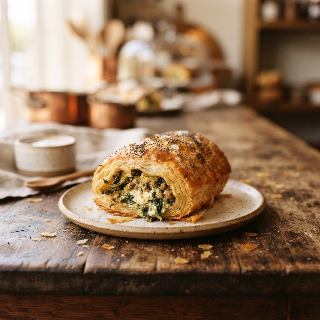 Kale, Ricotta and Spinach Sausage Roll at Little Loaf Bakery