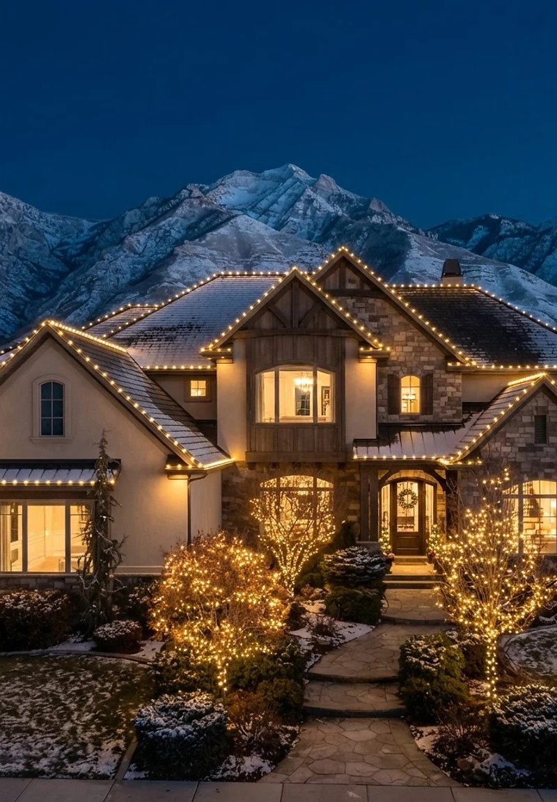A Salt Lake City home at dusk with professional LED Christmas lights along the roofline and trees