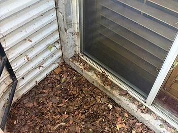 A window well filled with dead leaves and debris before cleaning