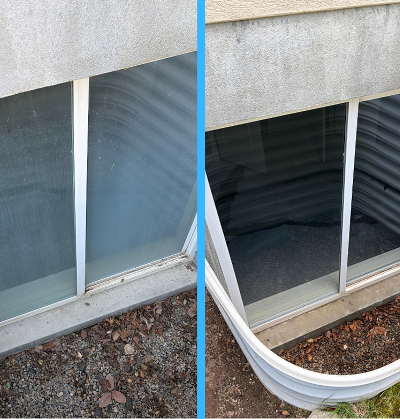 A window with hard water mineral stains being restored to clear glass
