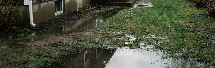 Standing water pooling near a residential foundation after heavy rain