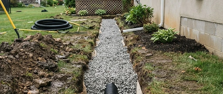 French Drain Installation — residential drainage service imagery